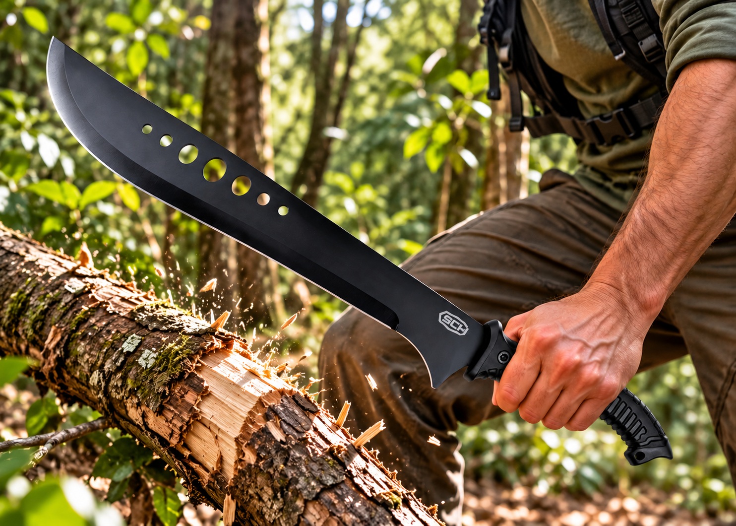 Machette SCH noire à lame perforée utilisée en forêt pour couper du bois.