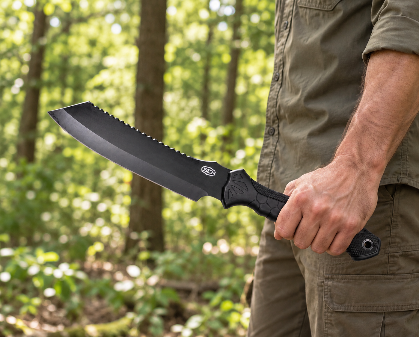 Machette SCH 39 cm à lame noire tenue en main dans une forêt.
