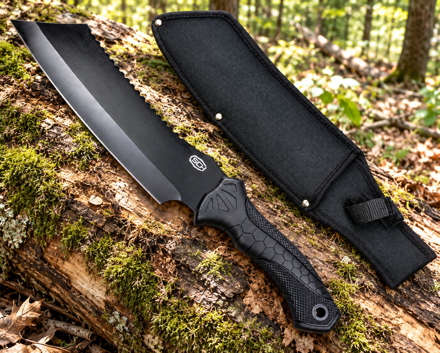 Machette SCH noire avec étui nylon posée sur un tronc en forêt.