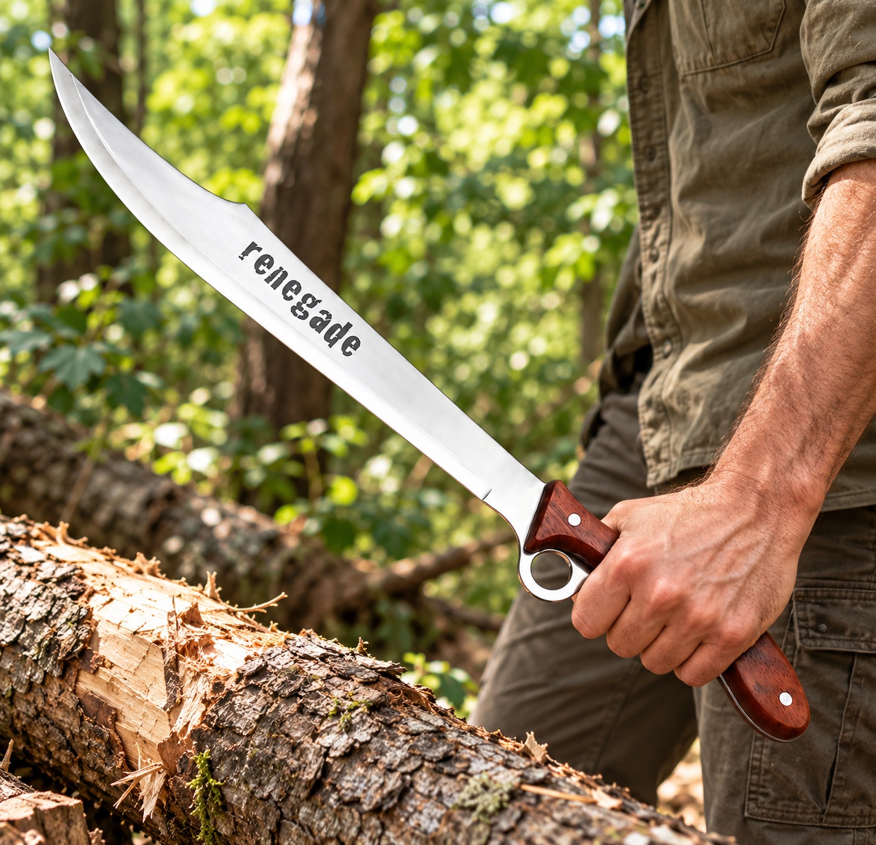 Machette Renegade Albainox 61,5 cm tenue en main par un homme en forêt.