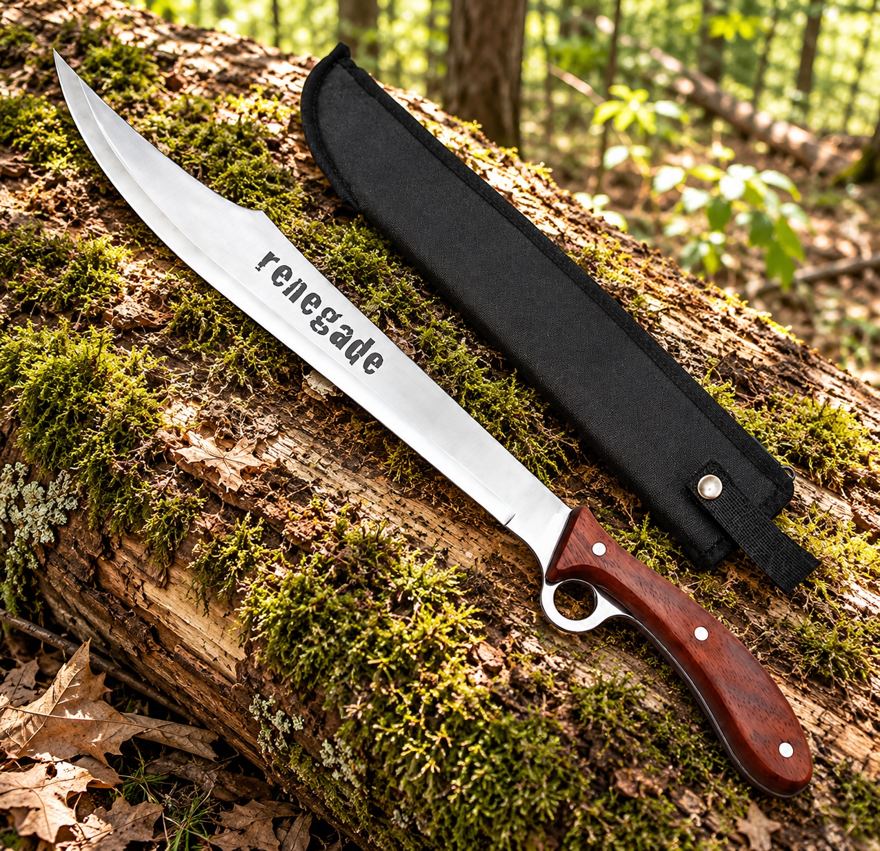 Machette Renegade Albainox posée sur un tronc darbre en forêt avec son étui.