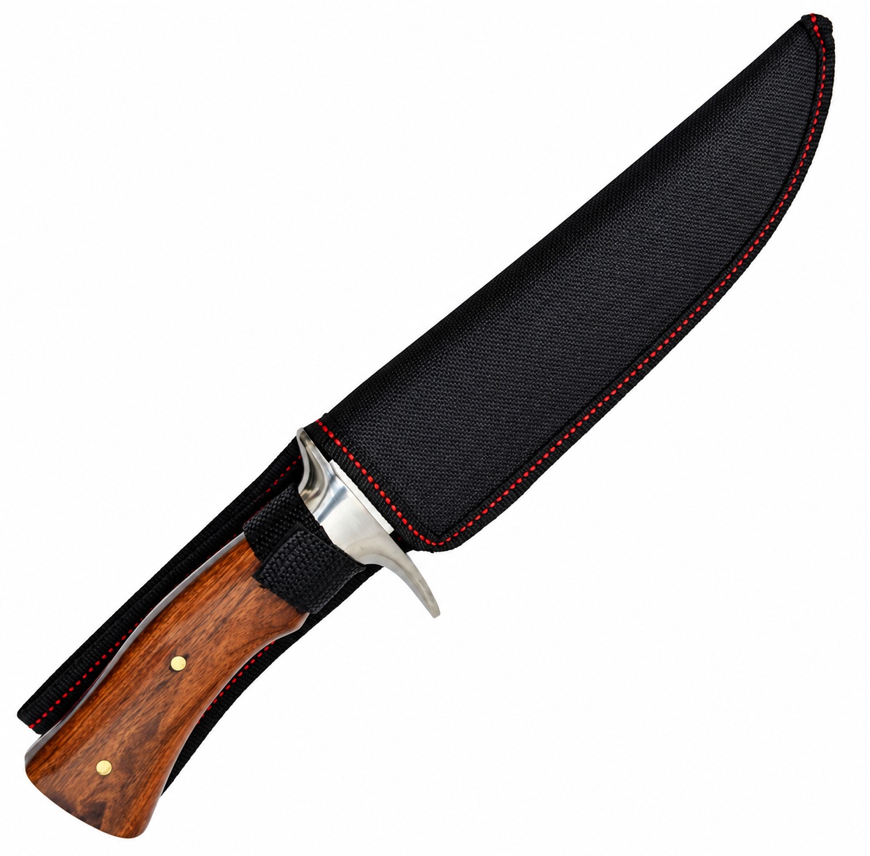 Couteau de chasse SCK avec manche en bois et étui noir en nylon à coutures rouges.