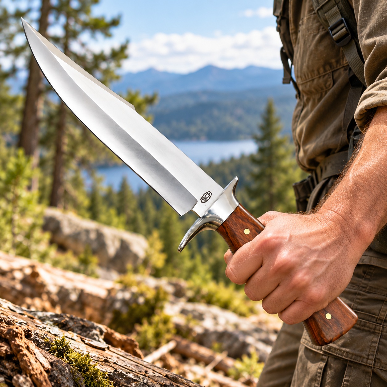 Couteau de chasse SCK 32,8 cm tenu en main par un homme en montagne.