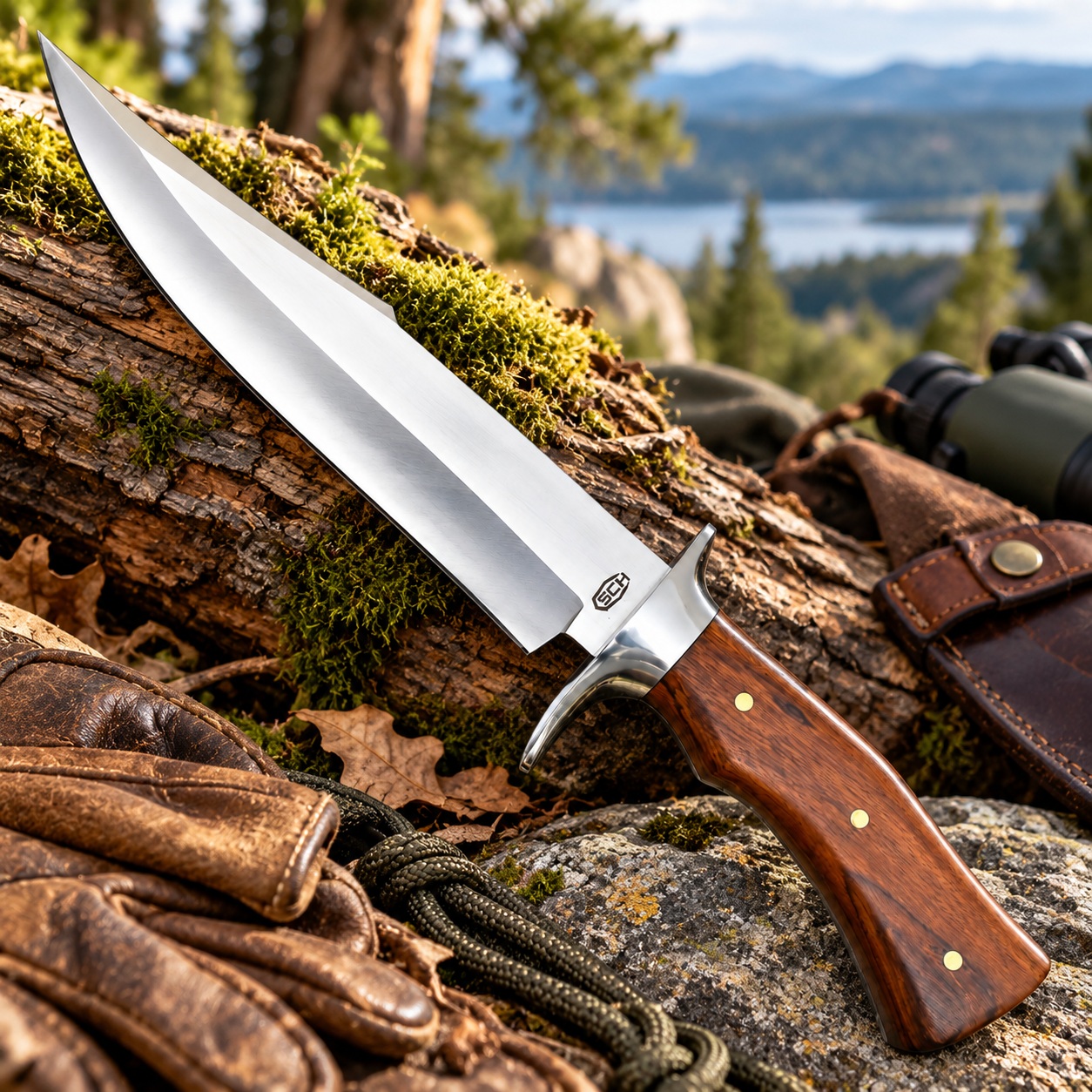 Couteau de chasse SCK posé sur un tronc moussu en pleine nature.