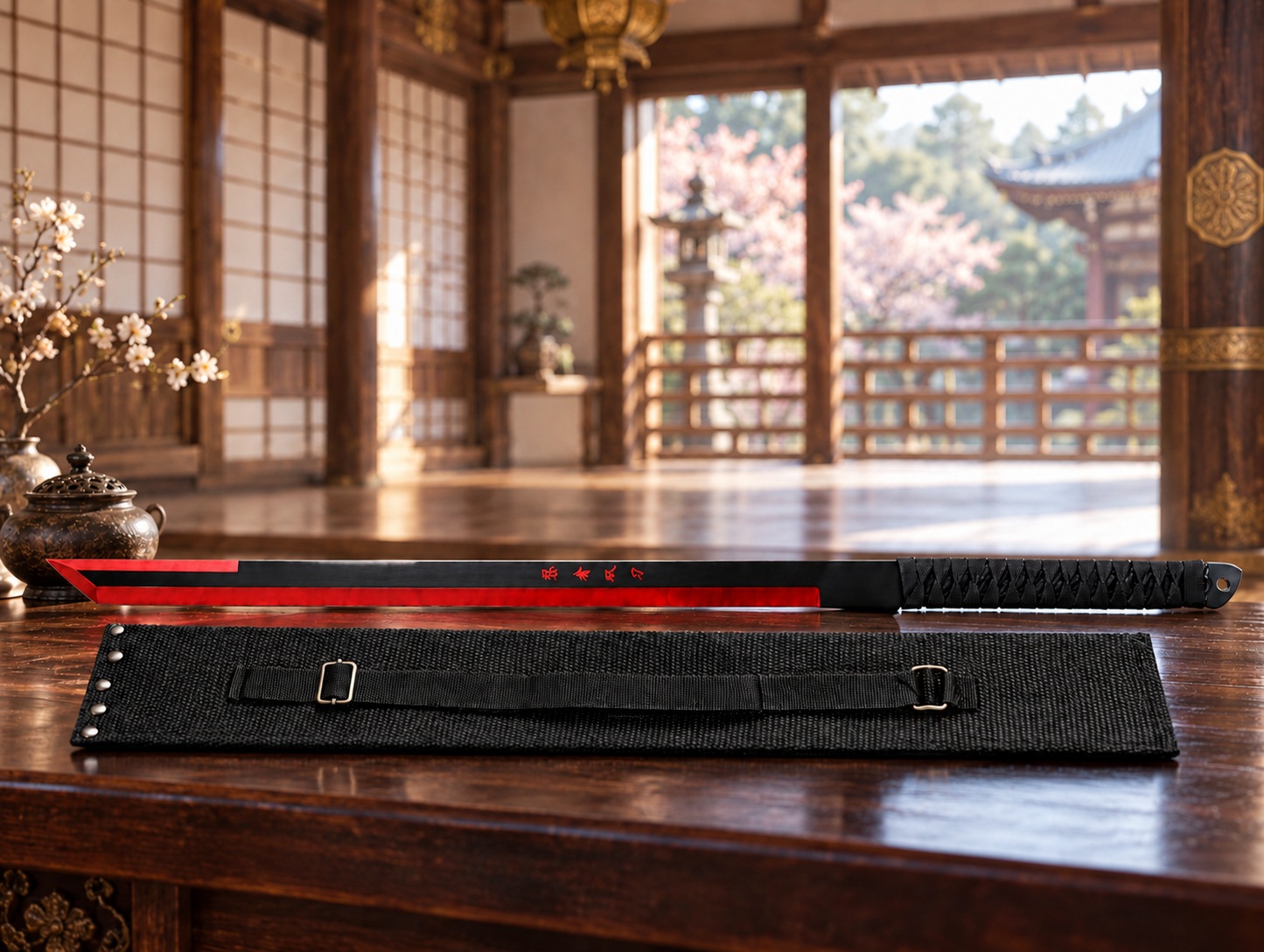 Machette Katana Ninja Albainox noire et rouge exposée sur une table en bois dans un intérieur japonais traditionnel.