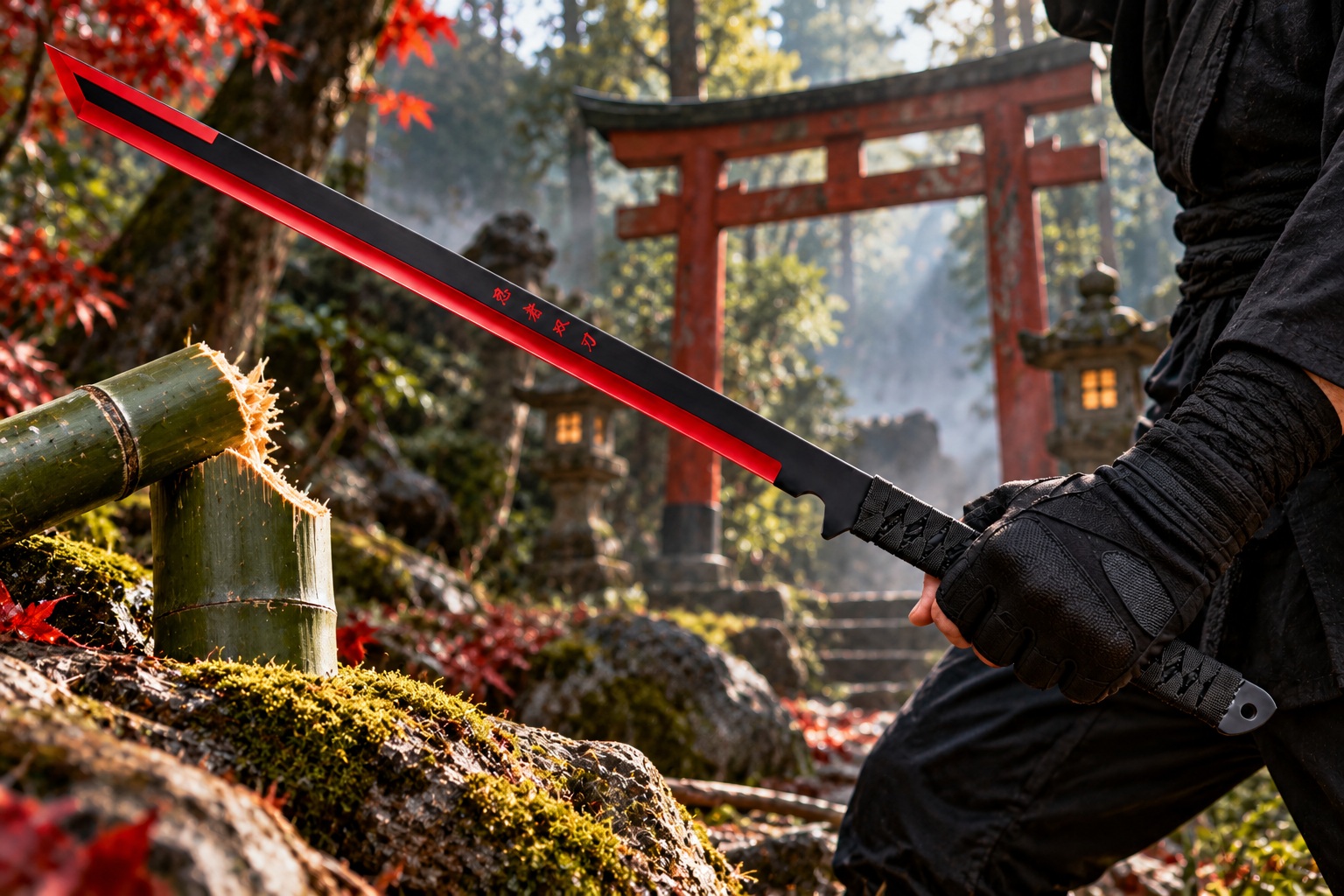 Machette Katana Ninja Albainox tenue par un homme en tenue noire dans une forêt japonaise avec portail traditionnel.