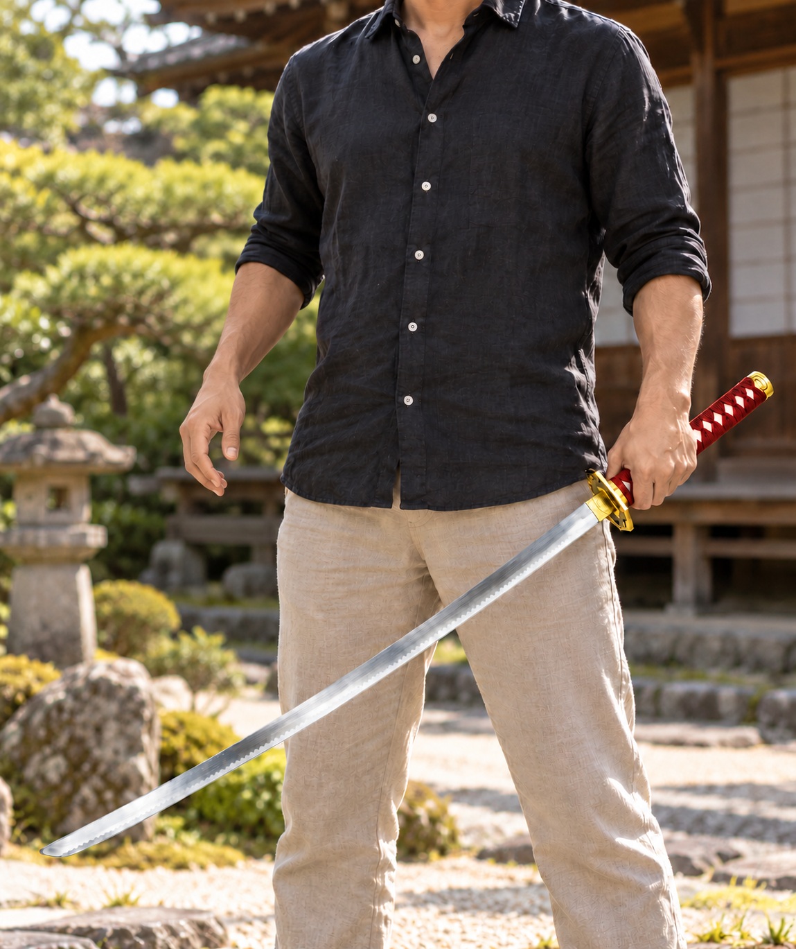 Homme tenant un katana japonais Dragon Katana à manche rouge dans un jardin traditionnel japonais.