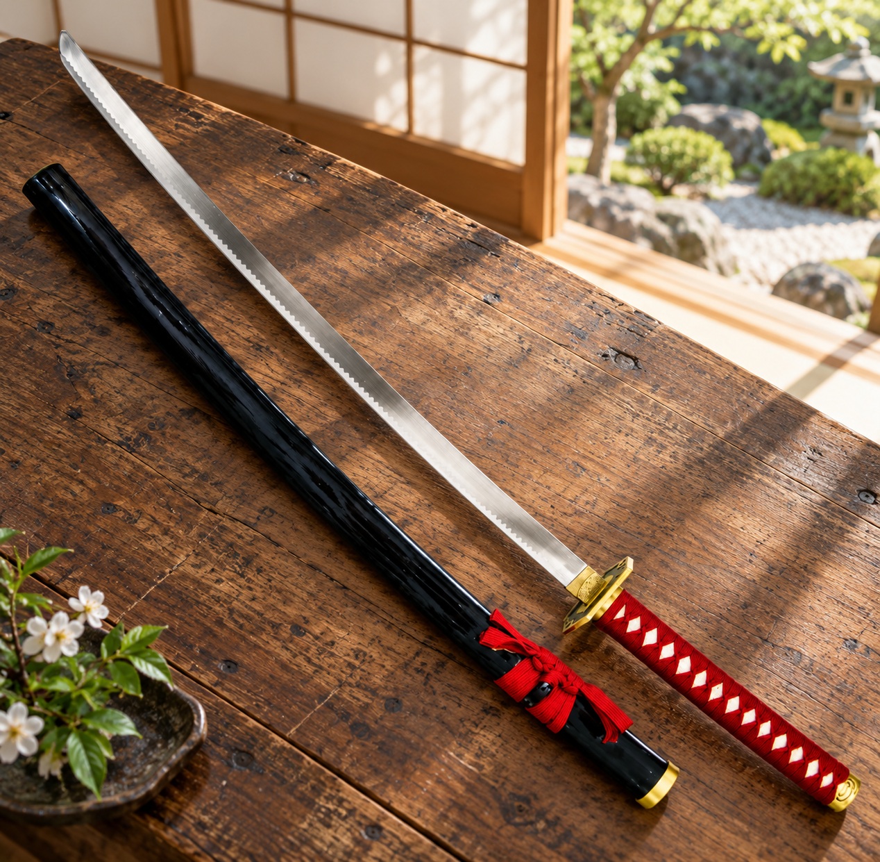 Katana japonais Dragon Katana 94,5 cm avec manche rouge et fourreau noir, présenté sur une table en bois dans un intérieur japonais.
