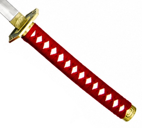 Manche rouge tressé du katana japonais Dragon Katana avec motifs blancs, garde et pommeau dorés.