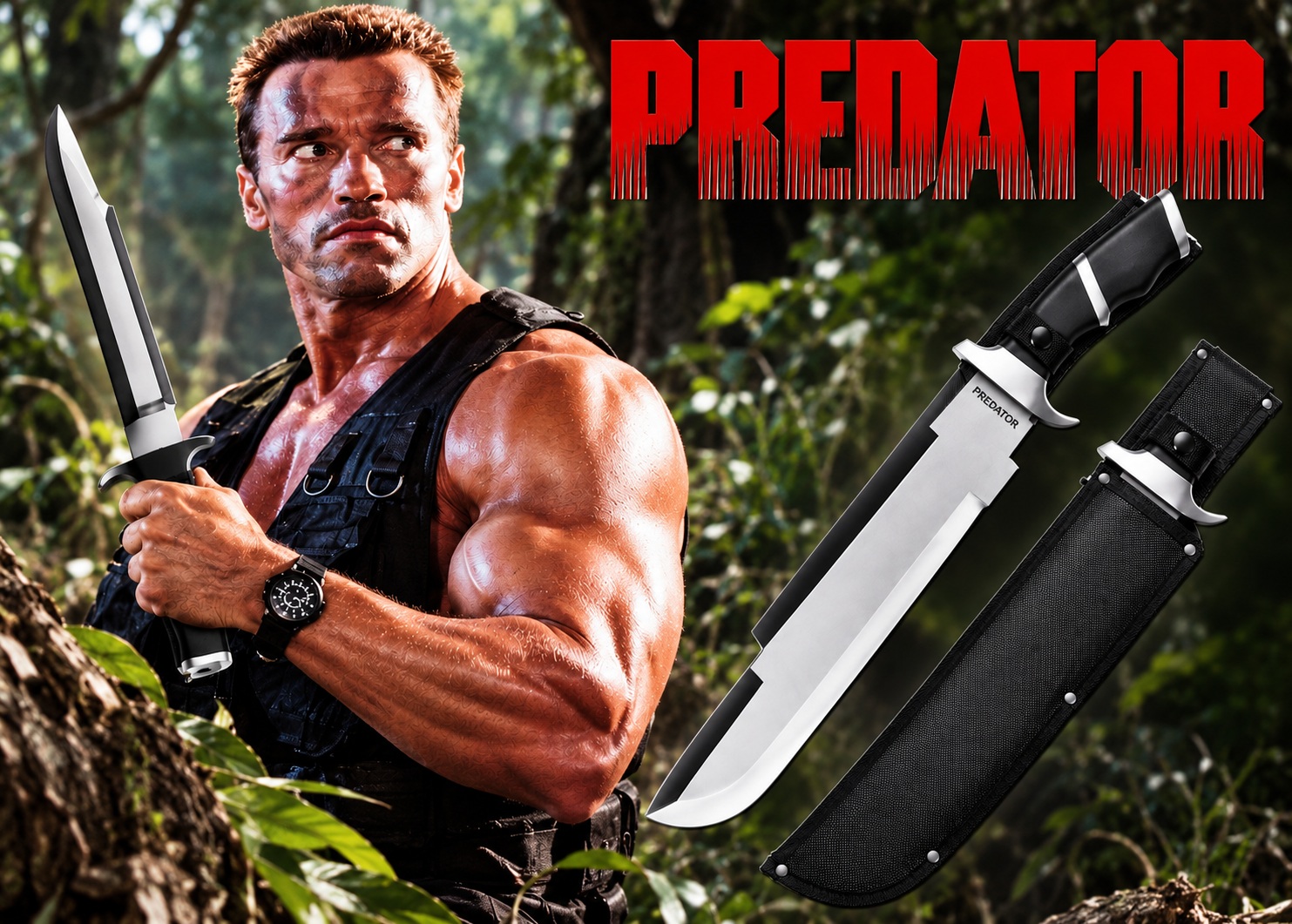 Couteau PREDATOR inspiré du film culte, présenté avec son étui noir et un personnage dans une scène de jungle.