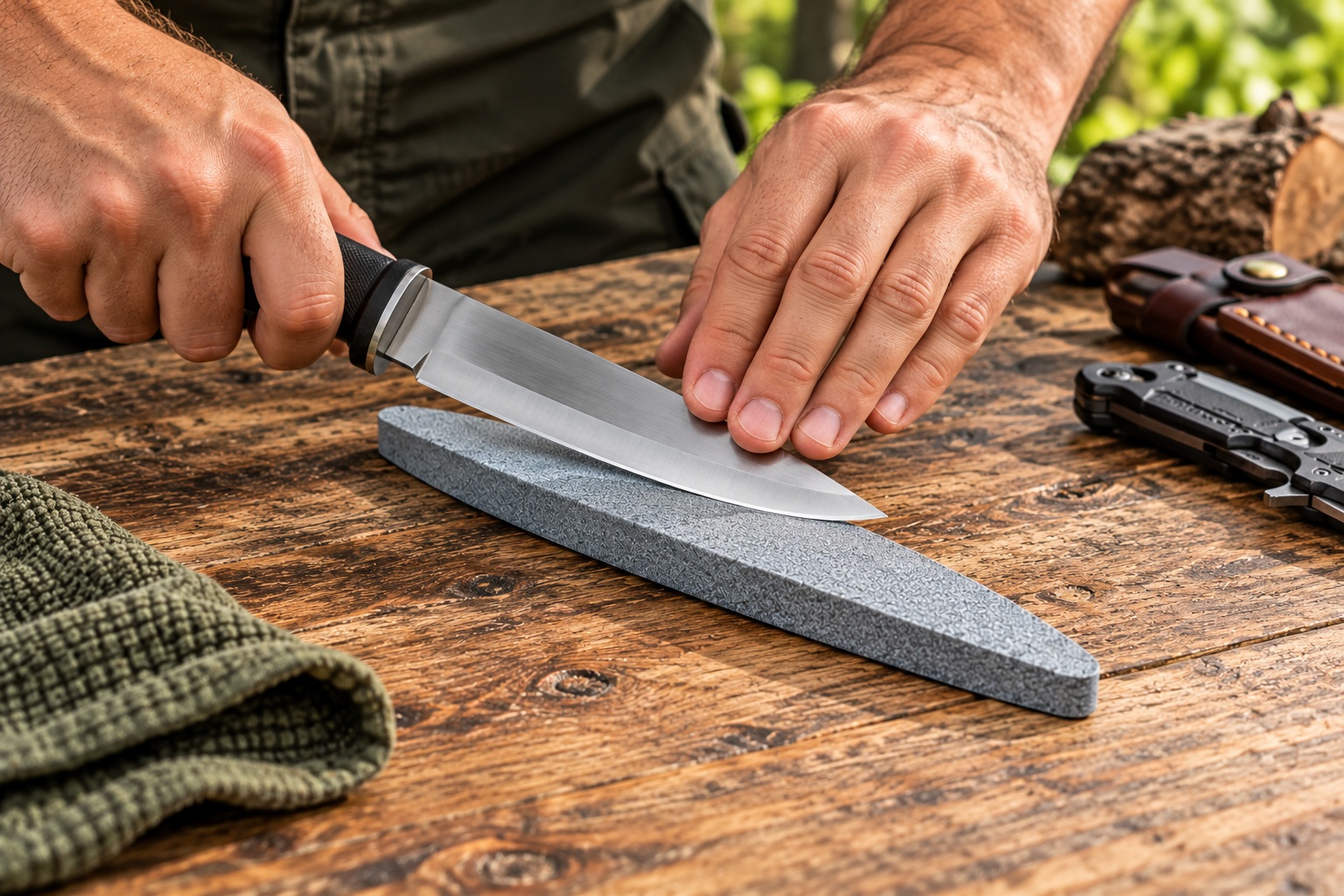 Homme utilisant une pierre daffûtage grise pour aiguiser un couteau outdoor sur une table en bois.