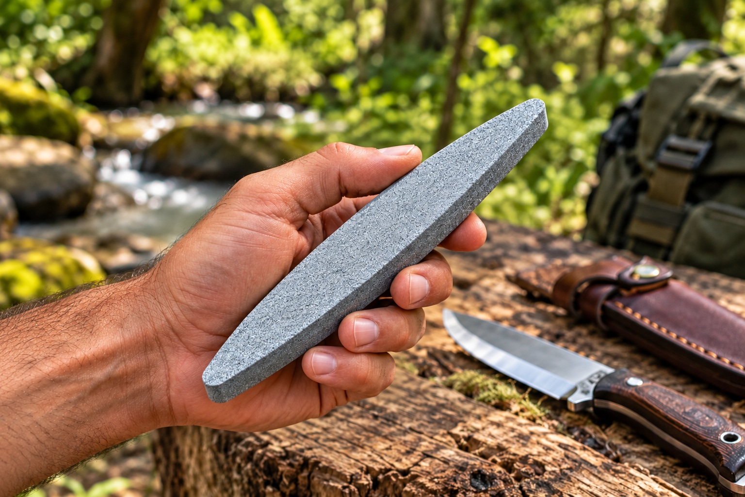 Pierre à aiguiser Albainox 21,5 cm tenue dans la main dun homme en forêt, avec couteau de randonnée en arrière-plan.