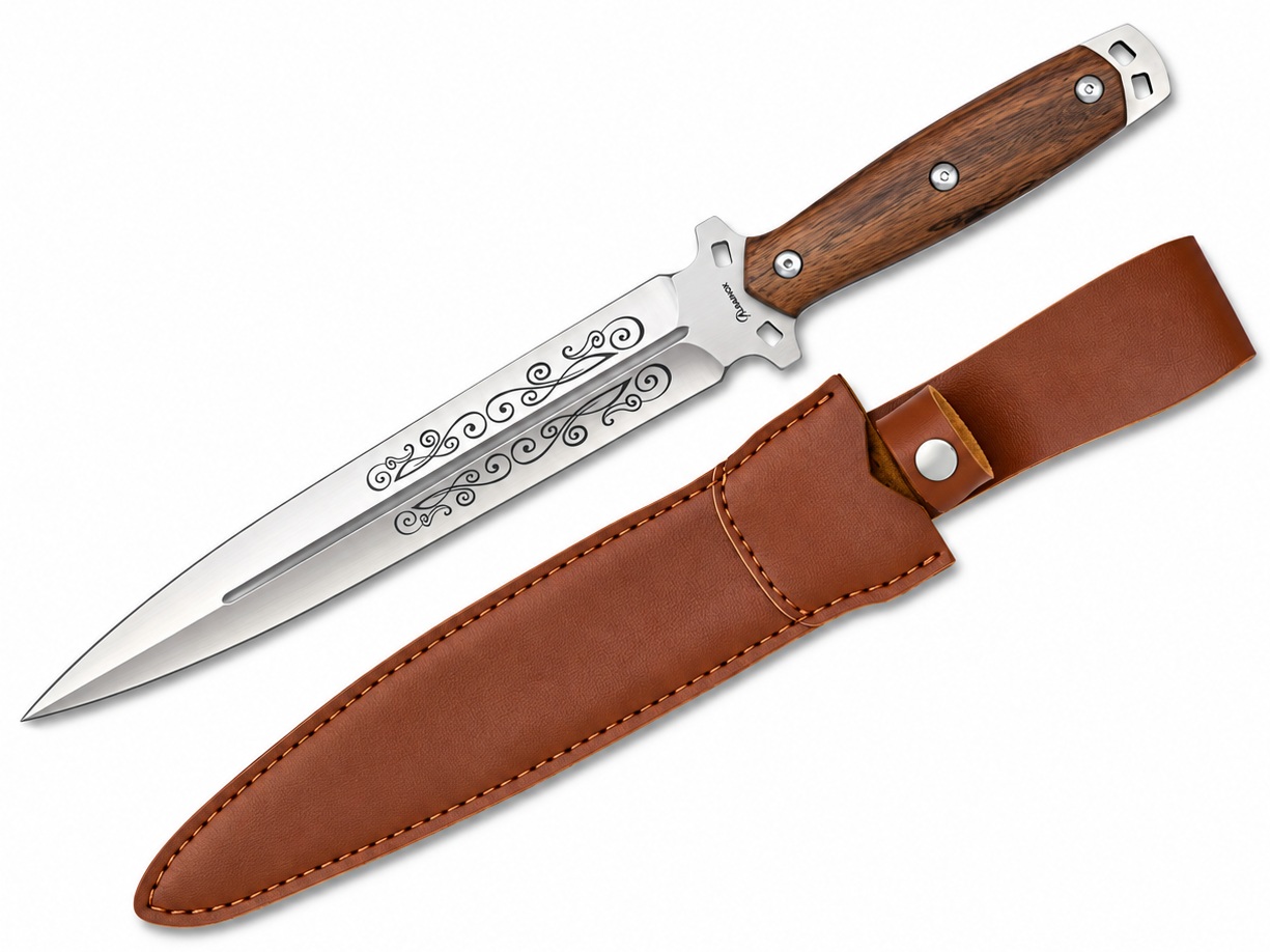 Dague Albainox 37,5 cm avec lame décorée, manche en bois et étui marron.