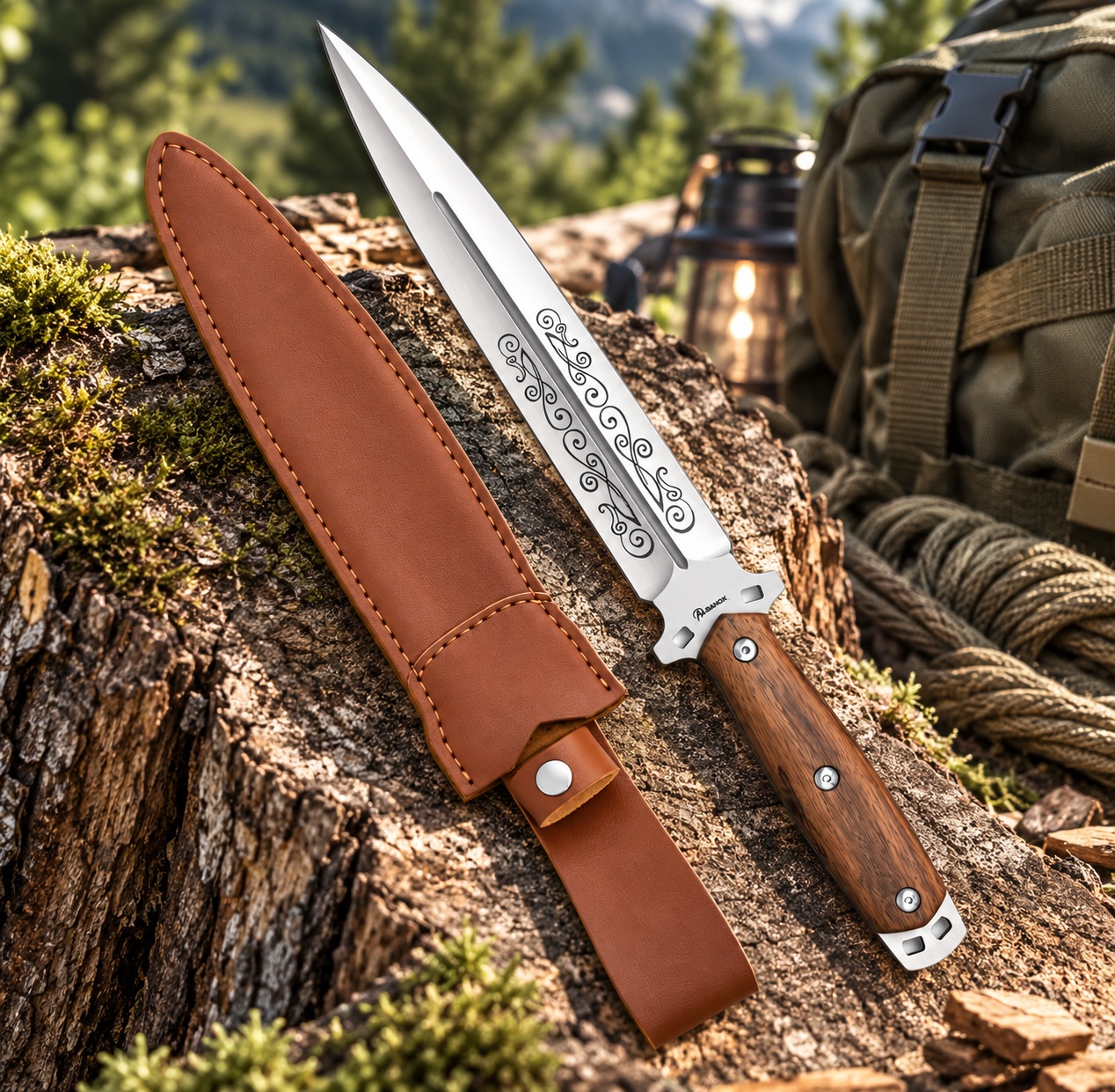 Dague Albainox 37,5 cm avec lame gravée et étui marron sur une souche en forêt.
