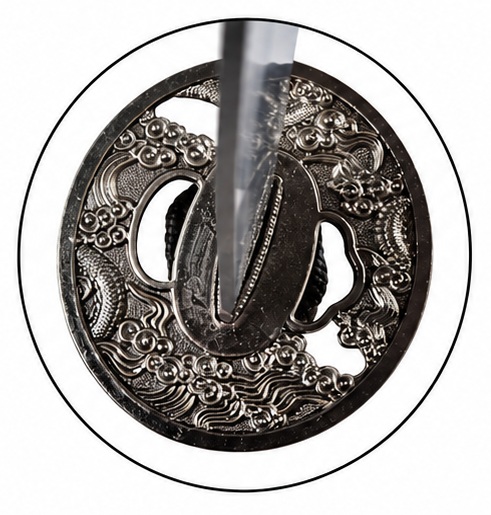Garde de katana japonais Dragon avec gravures de dragons et motifs traditionnels en relief.