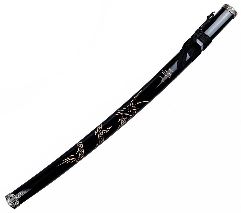 Fourreau noir en bois vernis pour katana japonais Dragon 98 cm, avec motifs décoratifs dorés et cordelette.