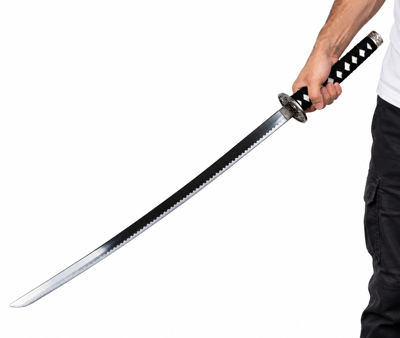 Katana sabre japonais Dragon noir 98 cm tenu en main, avec lame en acier inoxydable et manche tressé.