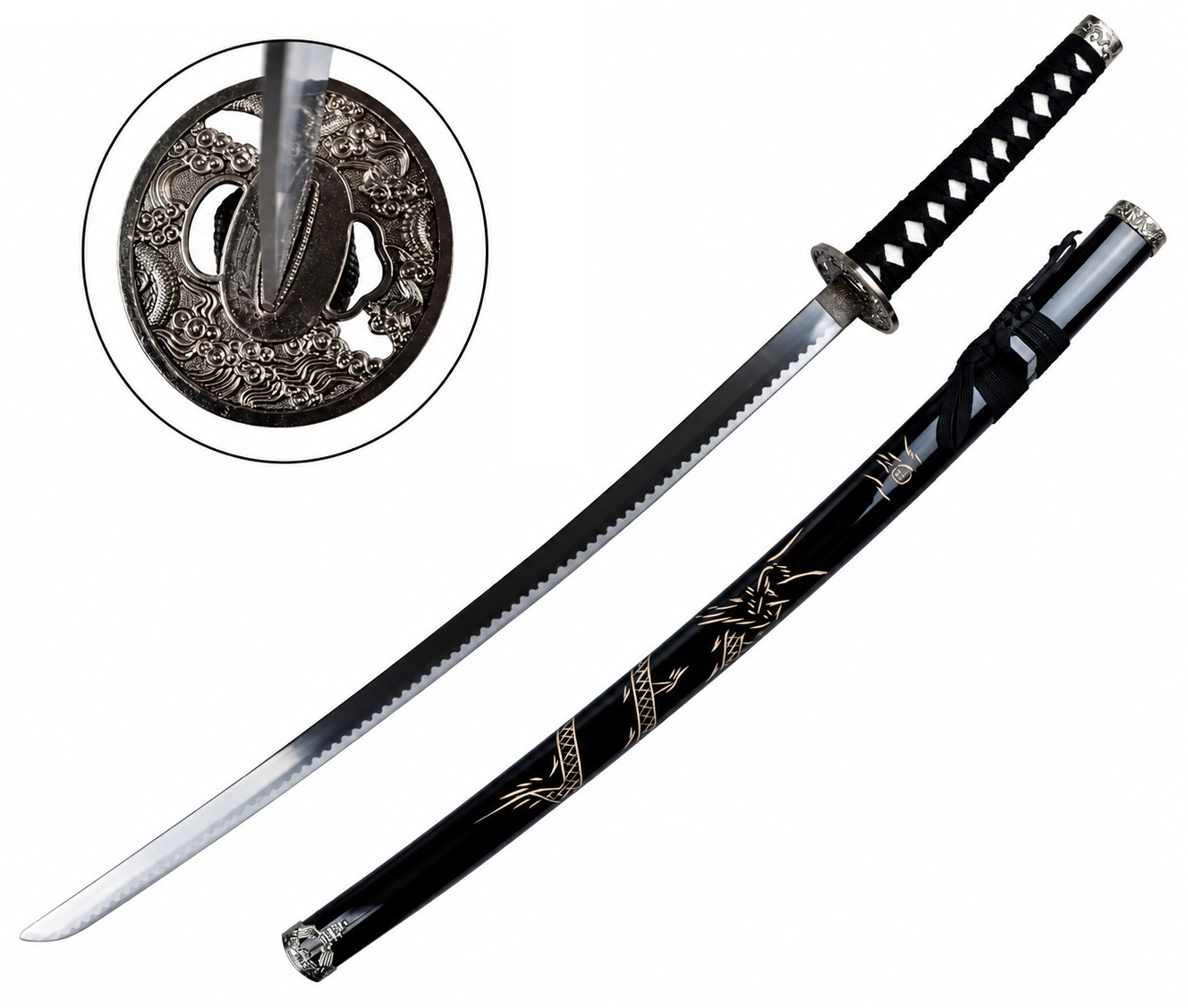 Katana sabre japonais Dragon 98 cm avec lame en acier inoxydable, fourreau noir décoré et garde gravée.