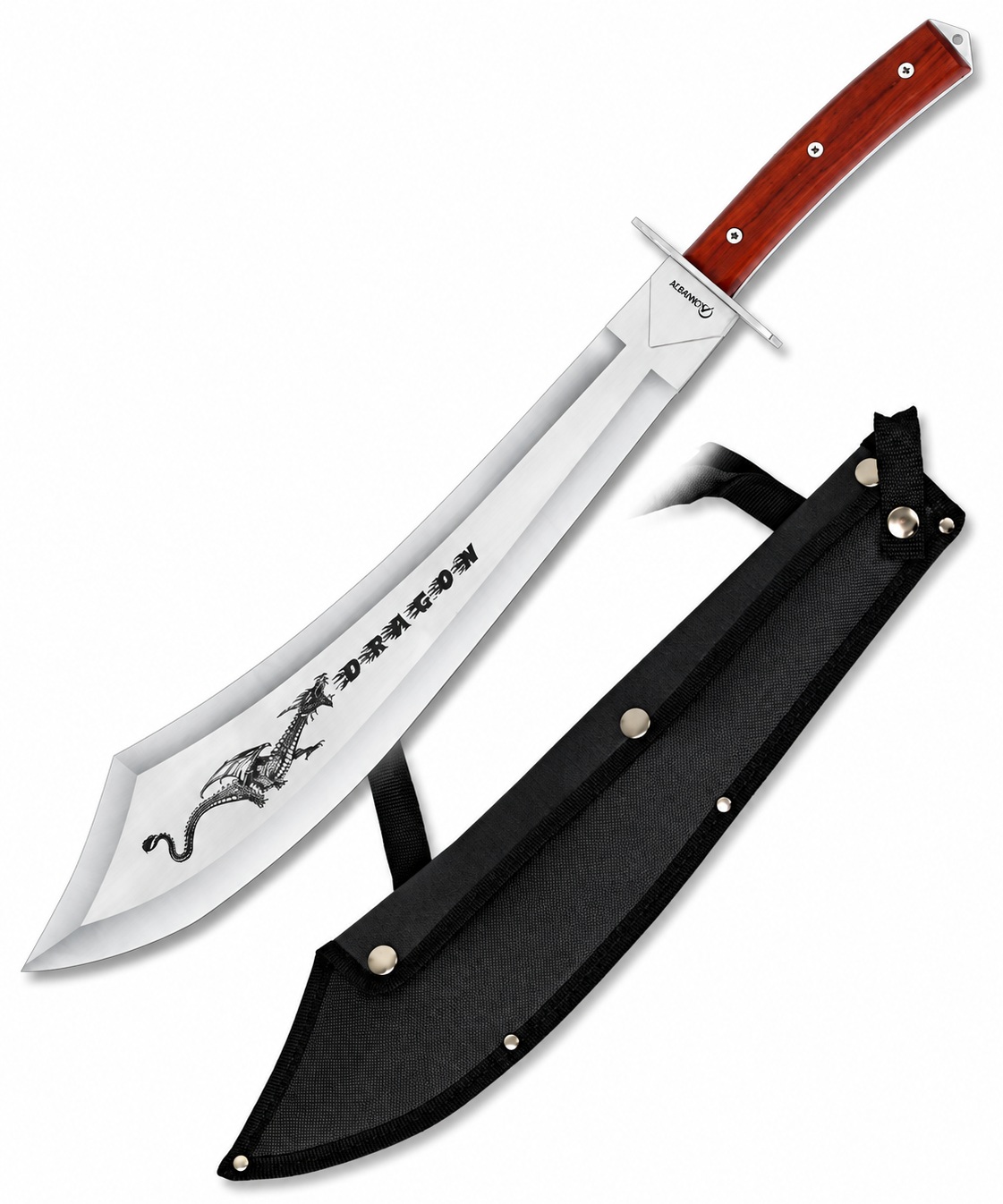 Machette sabre Dragon Albainox 60 cm avec gravure Dragon, lame en acier inoxydable et étui de transport.