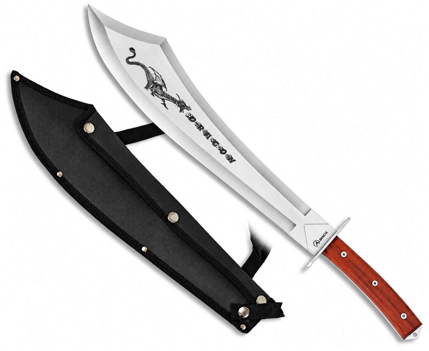 Machette Dragon Albainox Full Tang avec lame de 43,5 cm, manche en bois et étui noir.