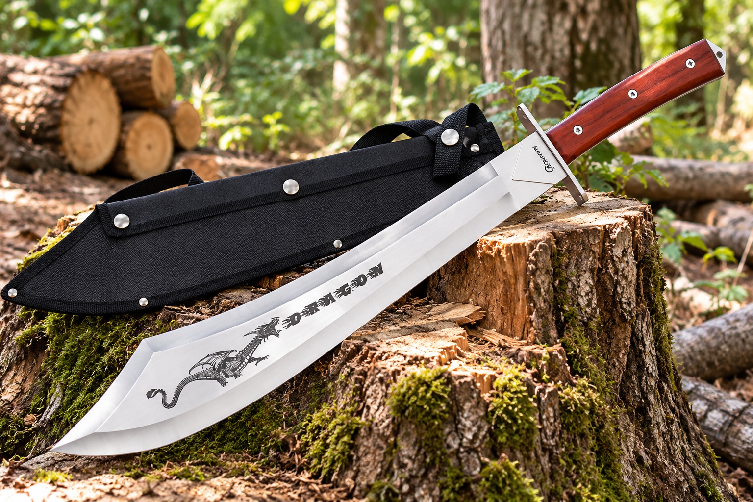 Machette sabre Dragon Albainox 60 cm exposée sur une souche en forêt, avec son étui noir en nylon.