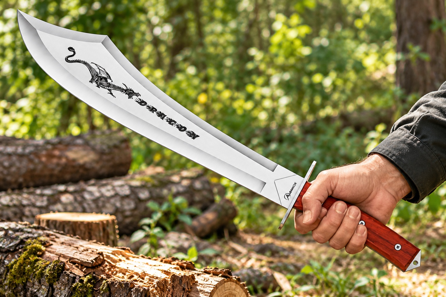 Machette sabre Dragon Albainox 60 cm tenue en main dans une forêt, avec lame décorée et manche en bois.
