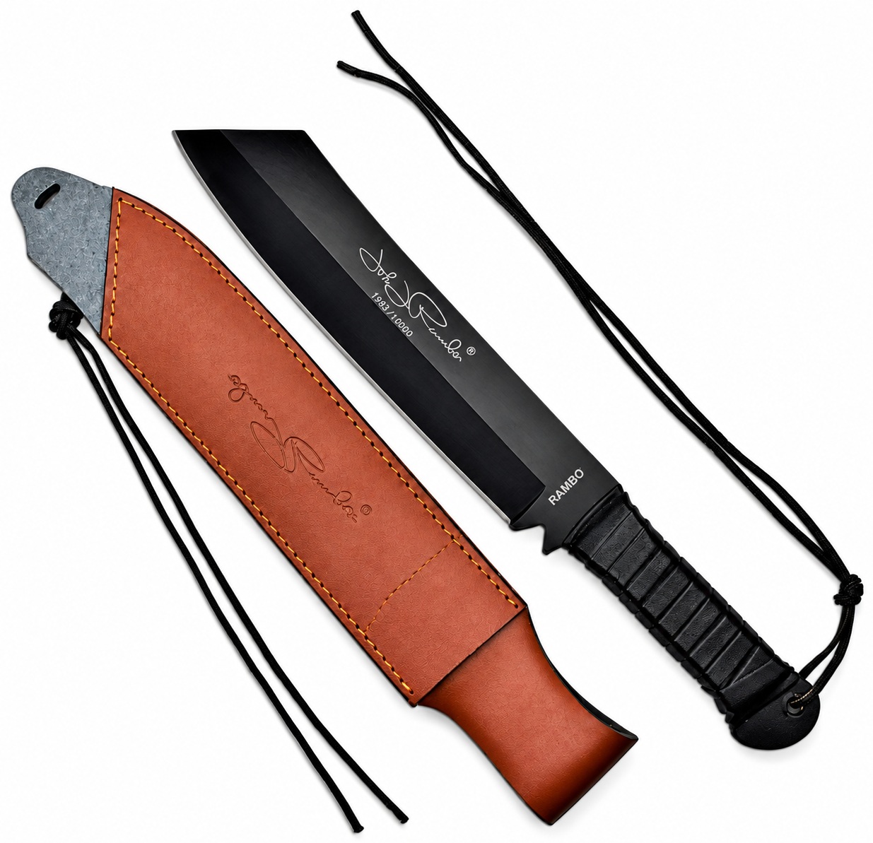 Couteau Rambo IV de collection avec lame noire, manche antidérapant, étui en cuir marron et cordon.