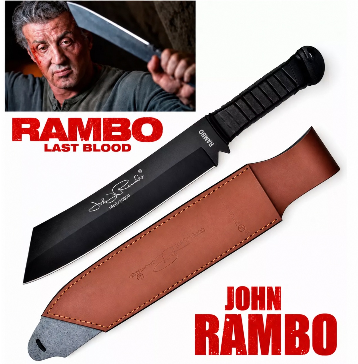 Couteau Rambo IV 42,5 cm en édition limitée avec étui en cuir et visuel John Rambo Last Blood.