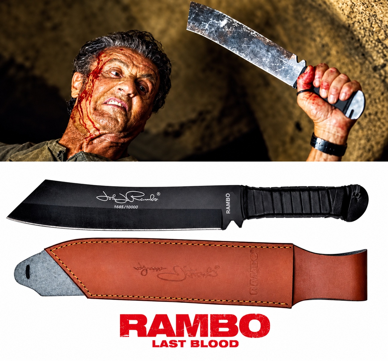 Couteau Rambo IV édition limitée présenté avec son étui en cuir et une scène du film Rambo Last Blood.