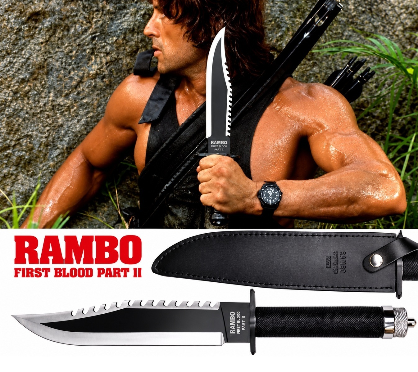 Poignard Rambo 2 officiel – Couteau à lame noire et dos cranté, présenté avec son étui et une scène du film.