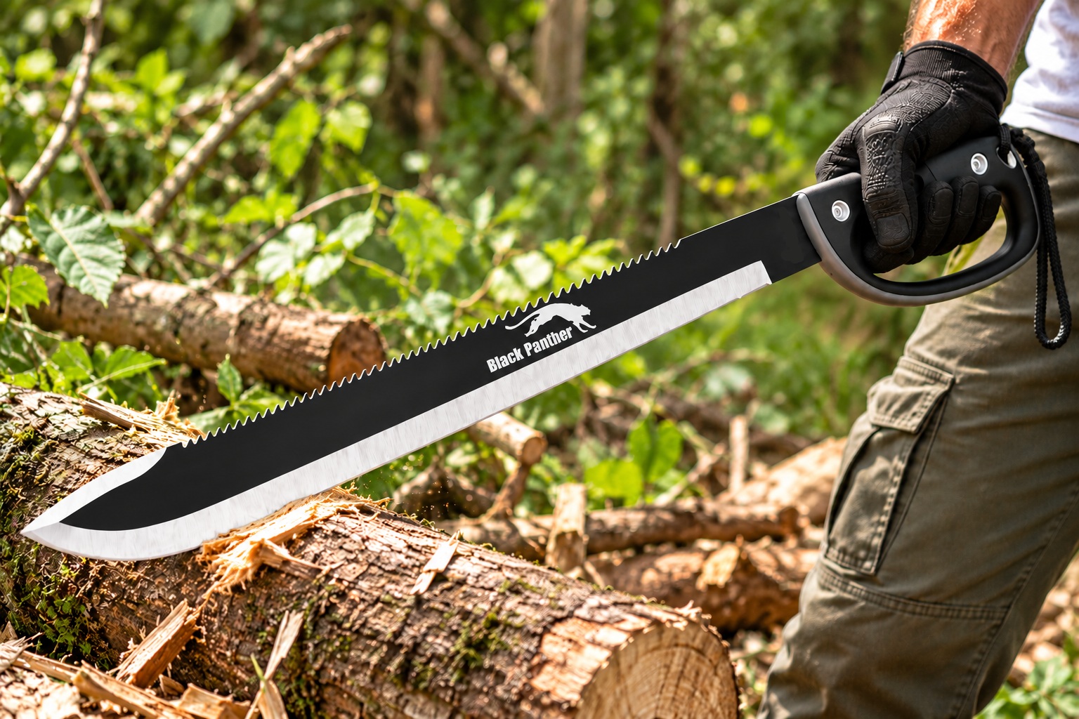 Machette Black Panther Albainox 61,5 cm avec garde-main antidérapant, utilisée sur un tronc darbre en forêt.