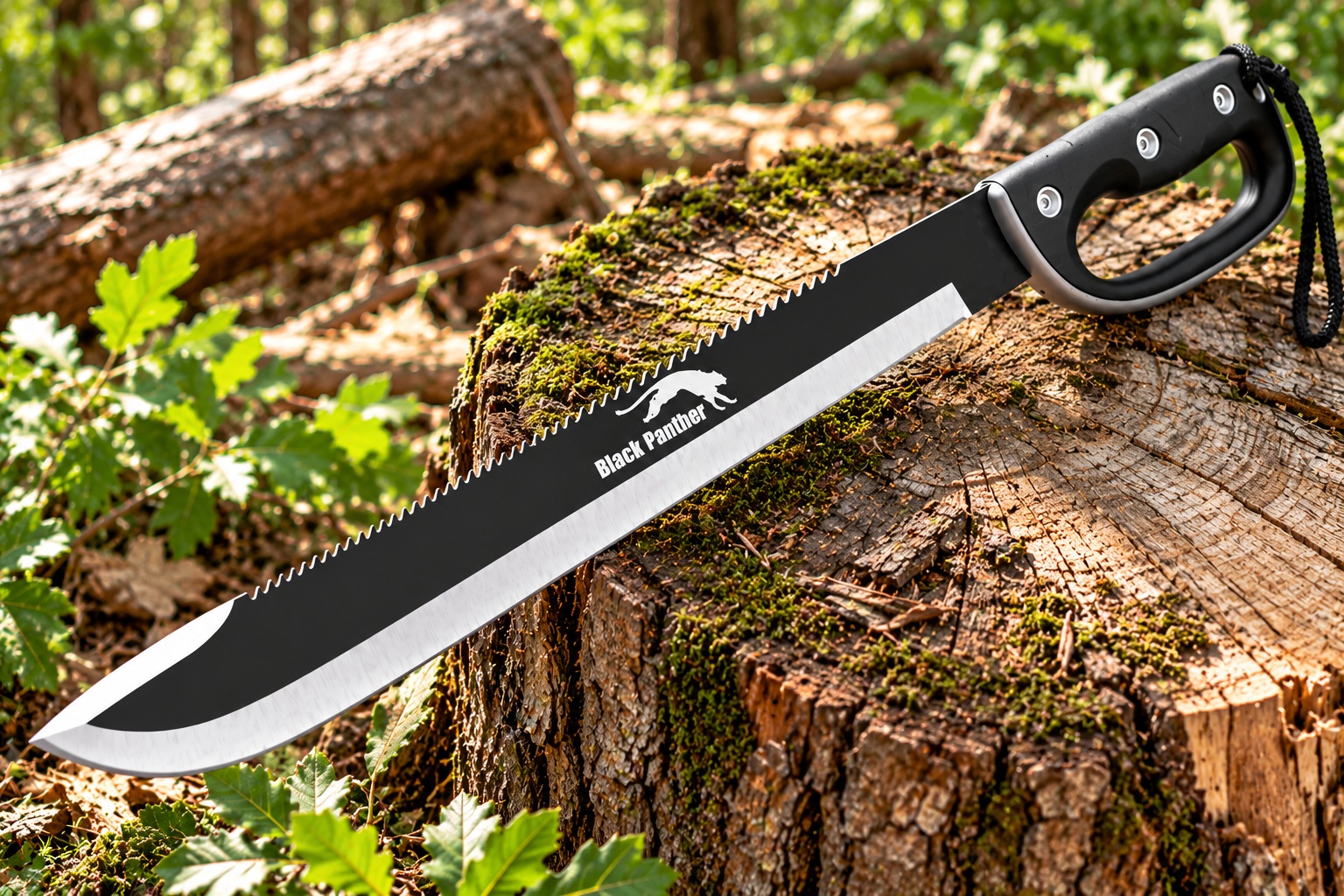 Machette Black Panther Albainox 61,5 cm posée sur une souche darbre en forêt, avec lame dentée et garde-main noir.
