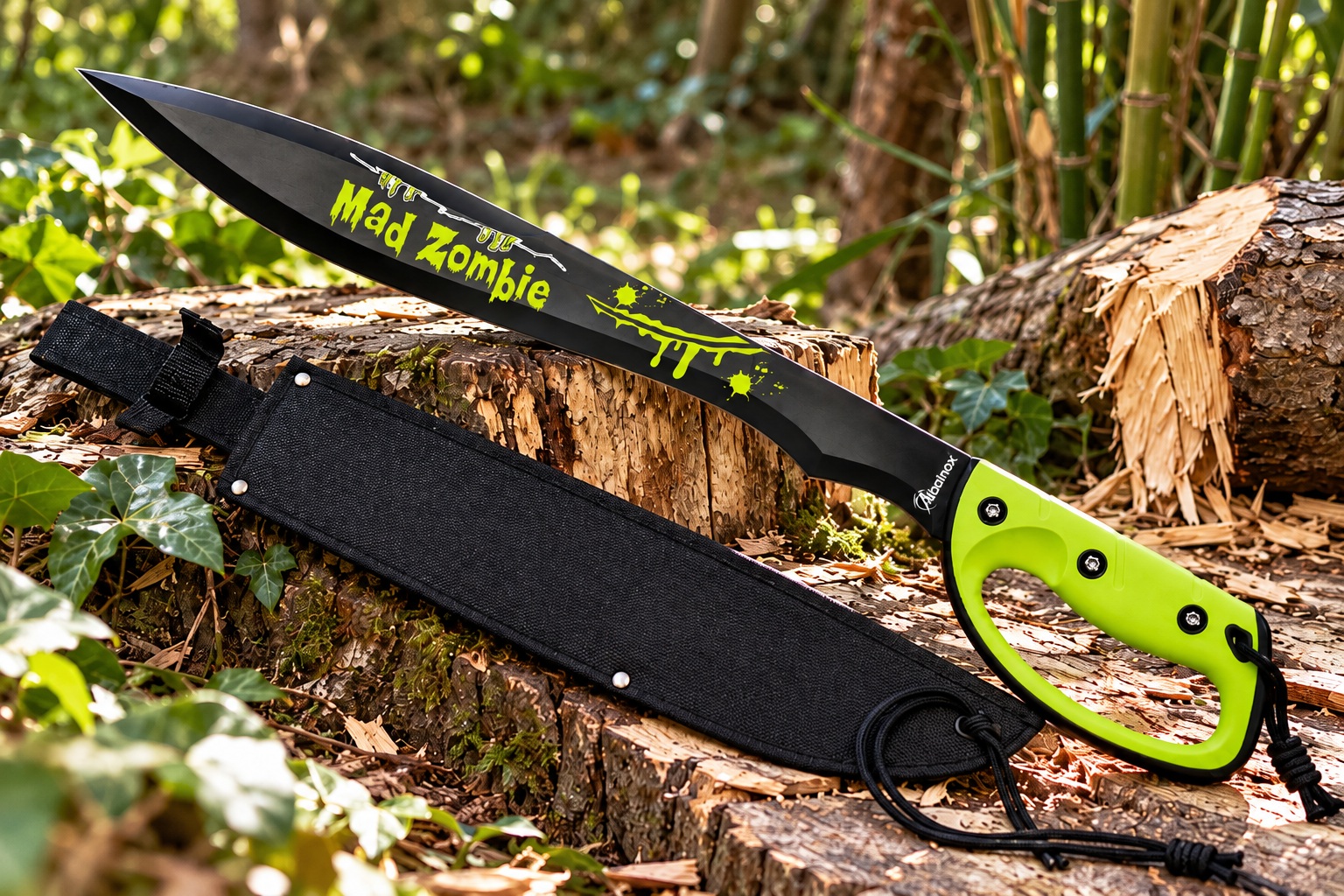 Machette de collection Zombie Albainox 60 cm avec lame noire et manche vert, présentée avec son étui sur une souche en forêt.
