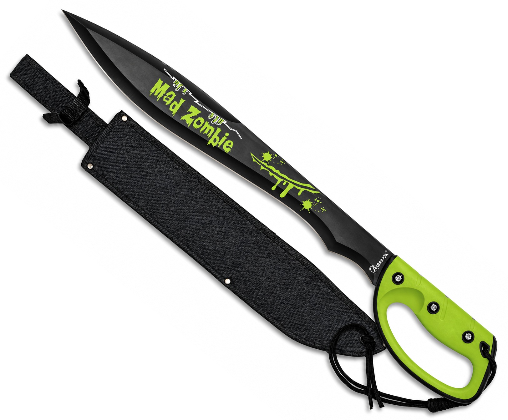 Machette de collection Zombie coupe-coupe 60 cm Albainox avec lame en acier inoxydable, manche vert et étui noir en nylon.
