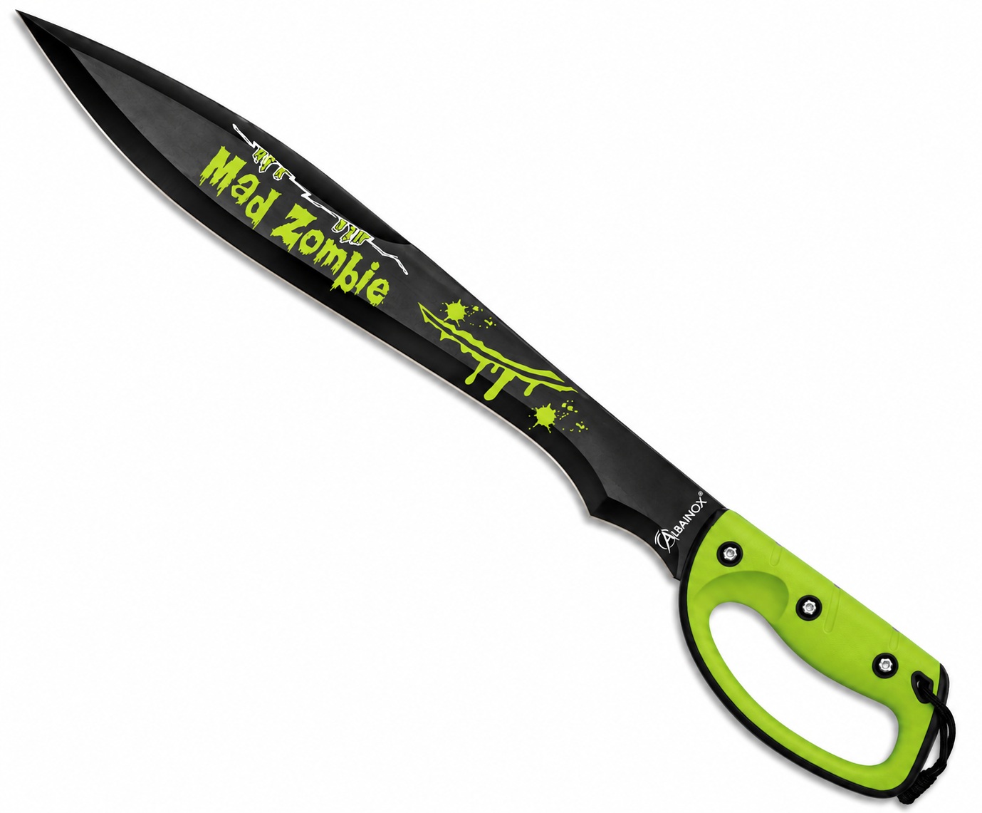 Machette Zombie Albainox Mad Zombie 60 cm avec lame noire de 44 cm, motifs verts et manche ergonomique antidérapant.