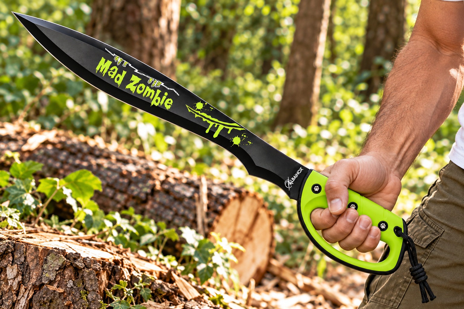 Machette Zombie Mad Zombie Albainox 60 cm tenue en main, avec lame tranchante noire de 44 cm et manche ergonomique vert.