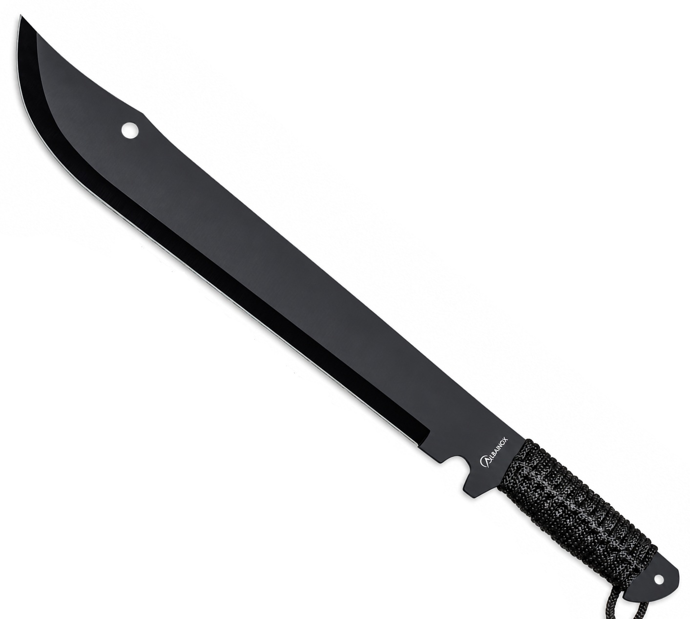 Machette coupe-coupe Albainox 50,8 cm avec lame noire de 36 cm et manche enveloppé de corde noire.