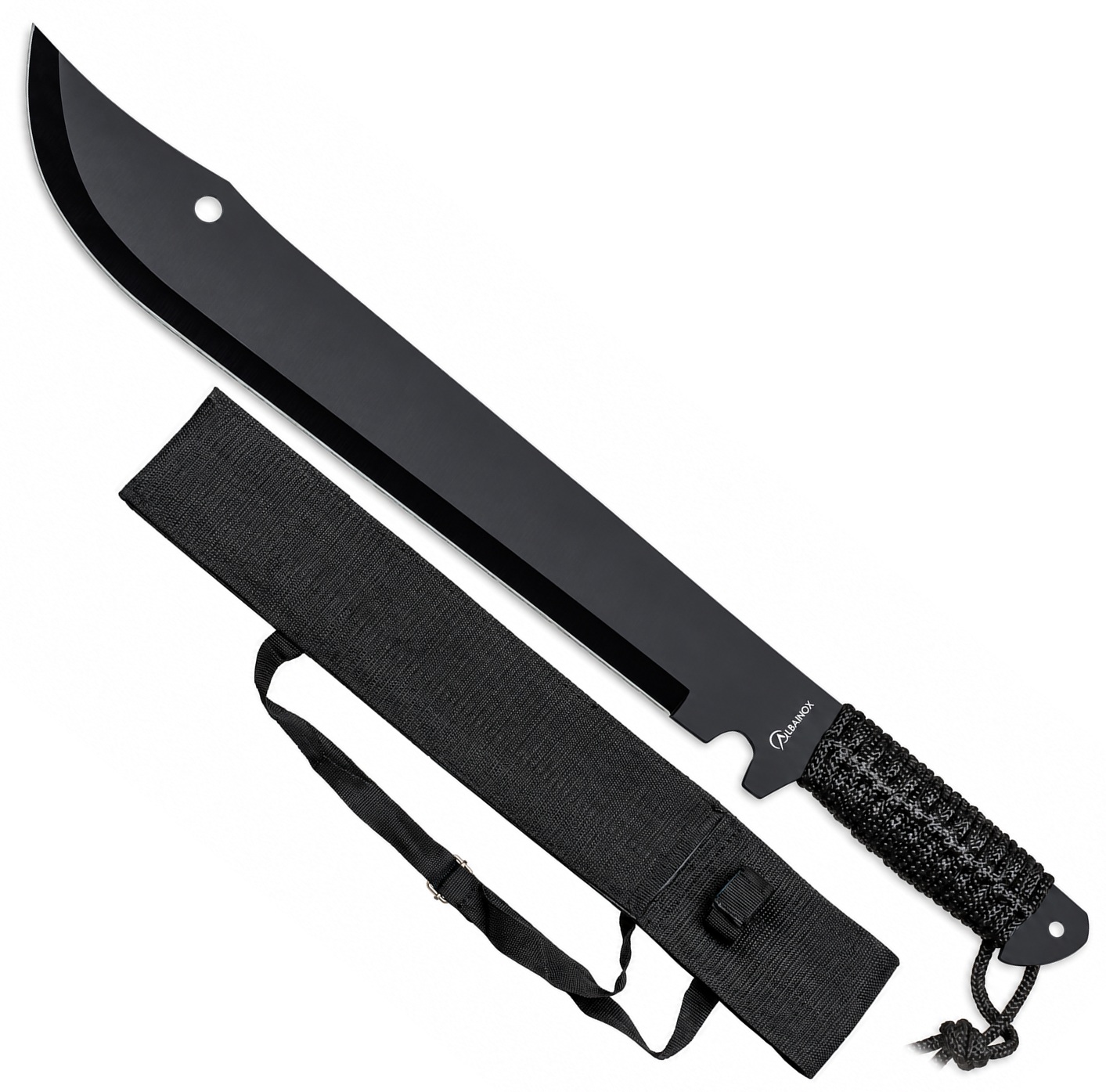 Machette coupe-coupe noire Albainox 50,8 cm avec poignée cordée antidérapante et étui de transport inclus.