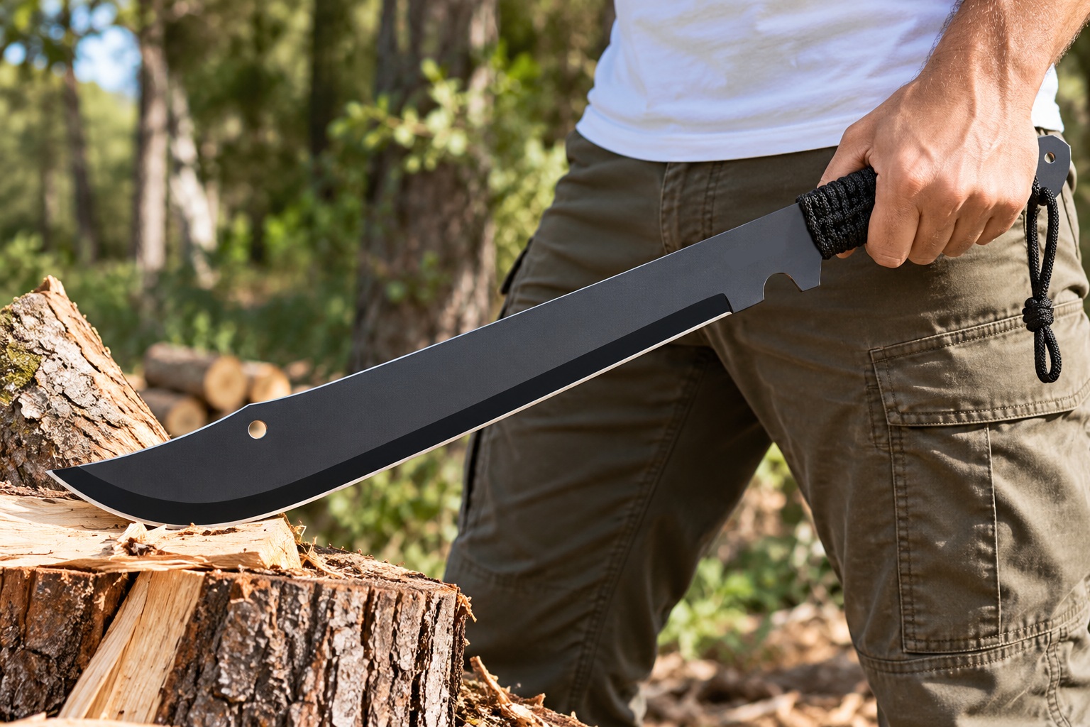 Machette Full Tang Albainox 50,8 cm à lame noire courbée, tenue en main près dune souche en forêt.