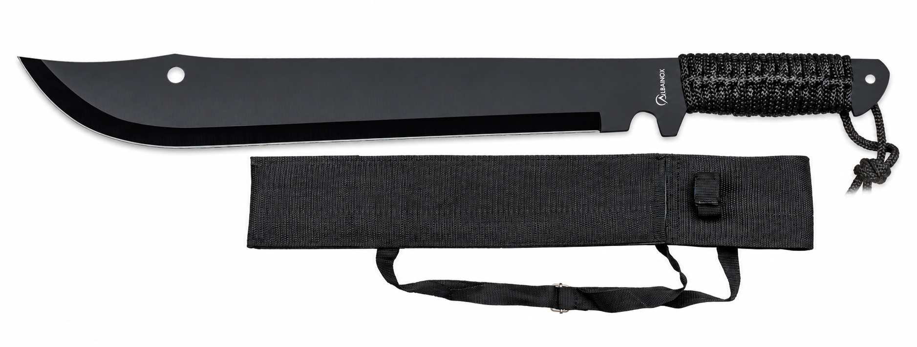 Machette Full Tang Albainox 50,8 cm avec lame noire, manche cordé et étui nylon à bandoulière.