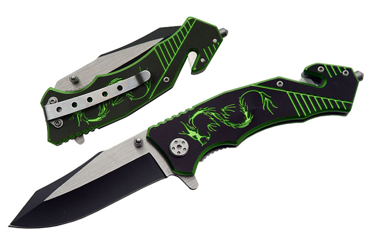 Couteau Dragon 20cm métal - vert et noir GN256