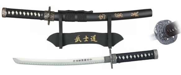 Katana tranchant samouraï 45cm + socle bois déco