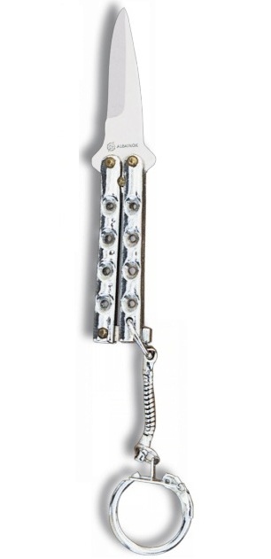 Balisong porte-clé 8,8cm - Couteau papillon argenté.