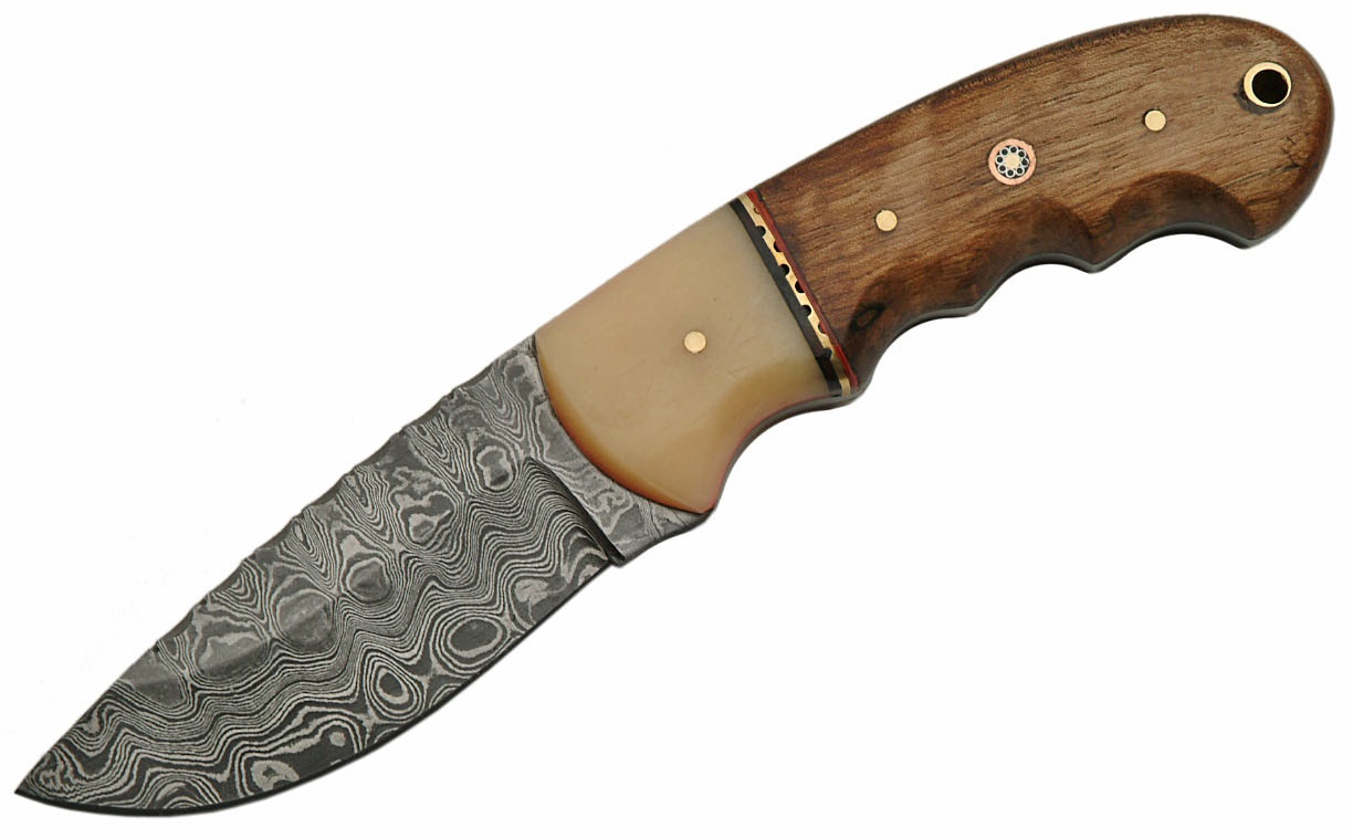 Poignard 21cm lame DAMAS - Couteau en bois et os.