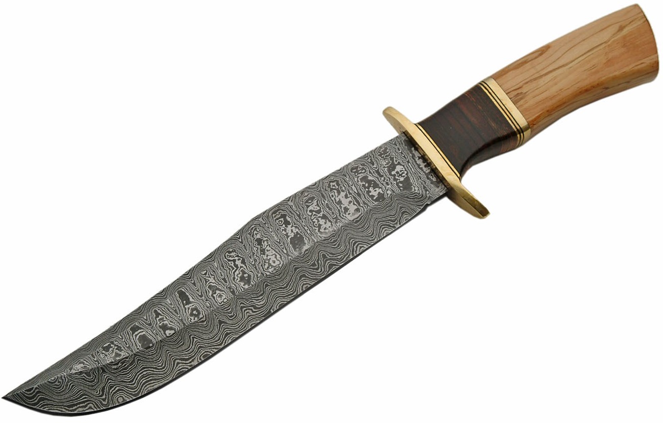 Grand poignard 37,5cm lame DAMAS - Couteau bois et laiton.