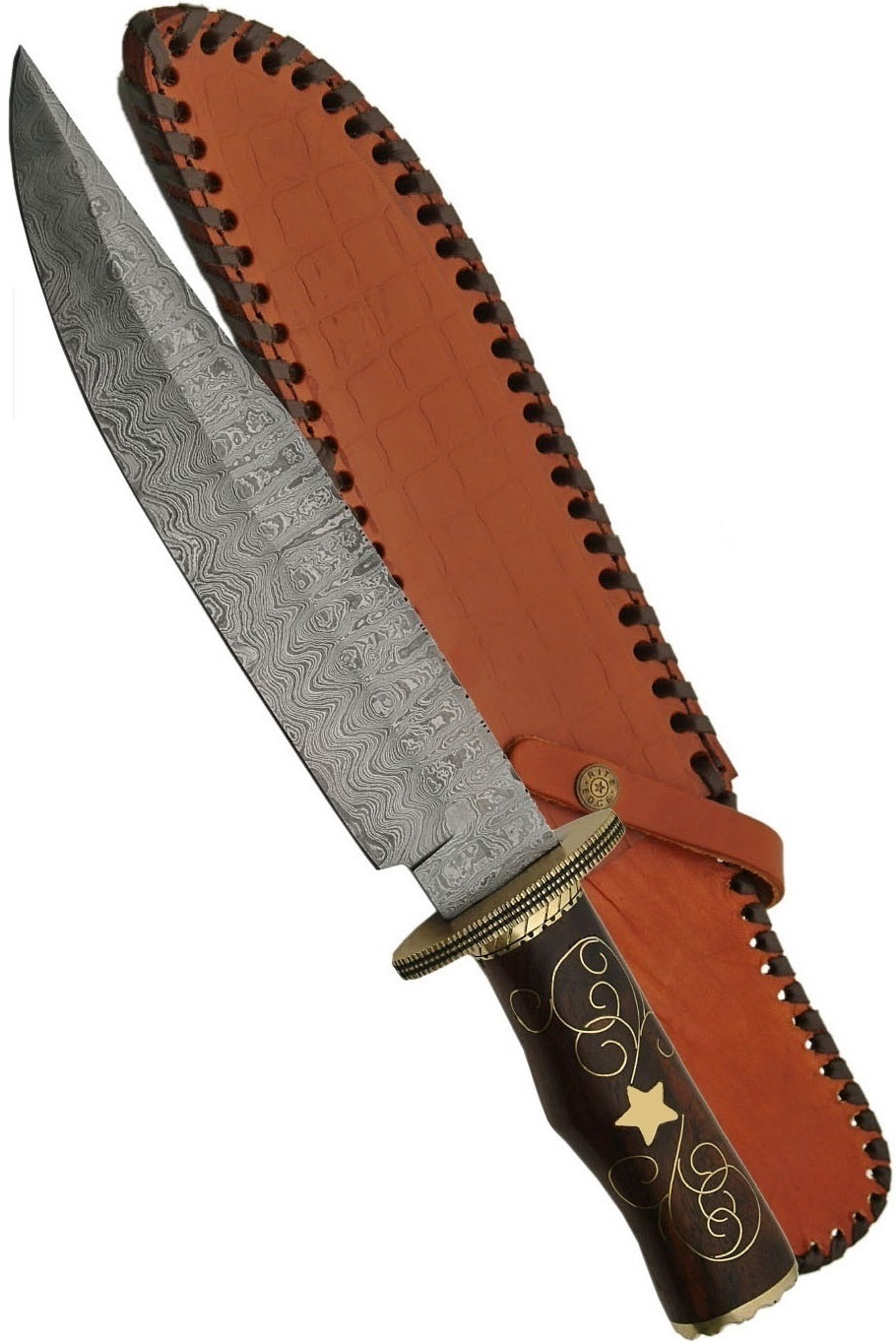 Grand poignard 40cm lame DAMAS - Couteau bois et laiton - Copie