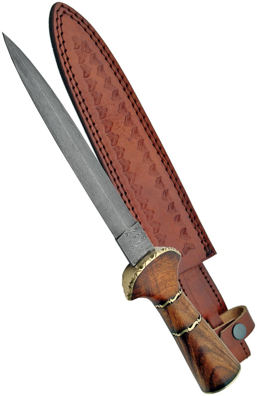 Poignard-dague 39,5cm lame DAMAS - Couteau bois et laiton...