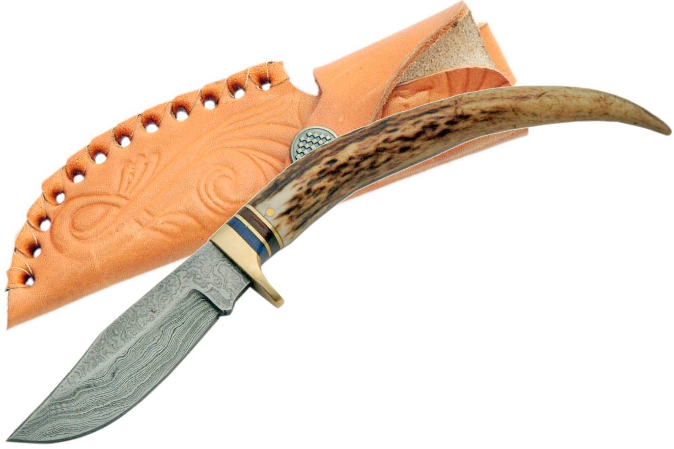 Poignard 21,7cm lame DAMAS - Couteau en bois de cerf