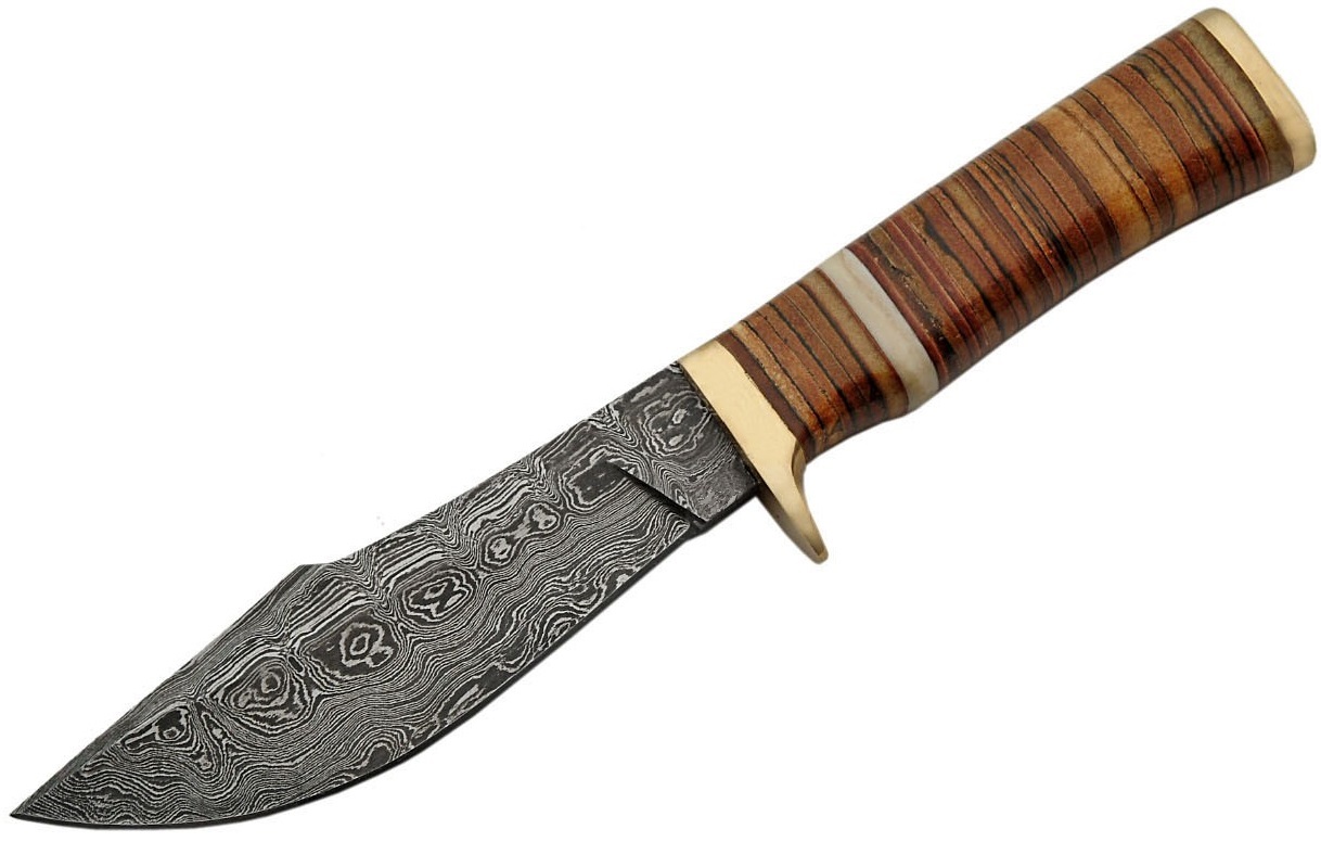 Poignard couteau 25,4cm lame DAMAS - Damascus cuir laiton.