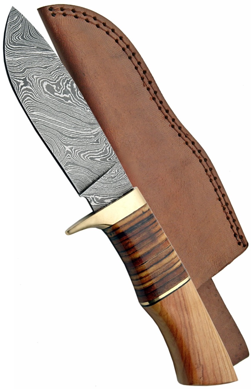 Poignard couteau 24,8cm lame DAMAS - Damascus bois cuir.